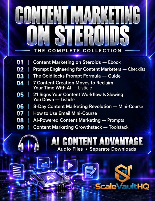 Content Marketing on Steroids – The Complete Collection cover showing all 9 included resources and AI Content Advantage audio series