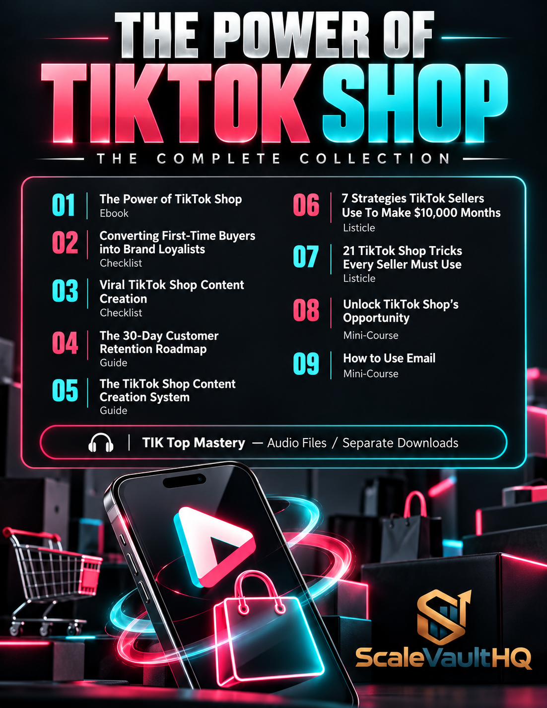 The Power of TikTok Shop – The Complete Collection cover showing all 9 included resources and TIK Top Mastery audio series