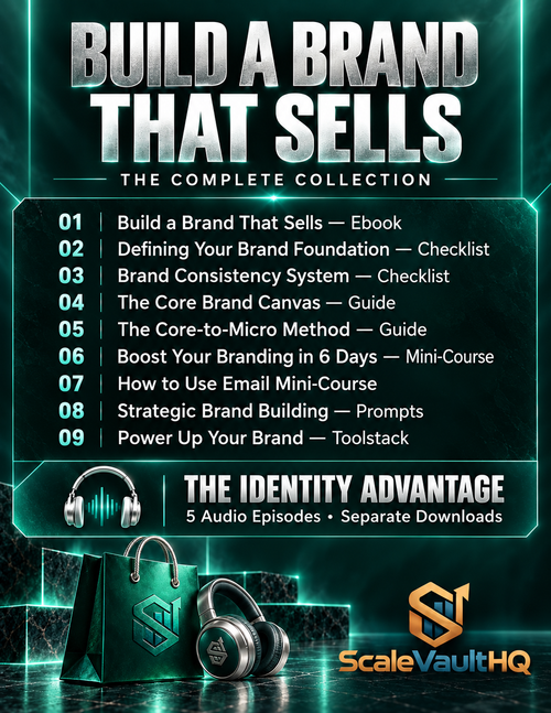 Build a Brand That Sells – The Complete Collection cover showing all 9 included resources and The Identity Advantage audio series